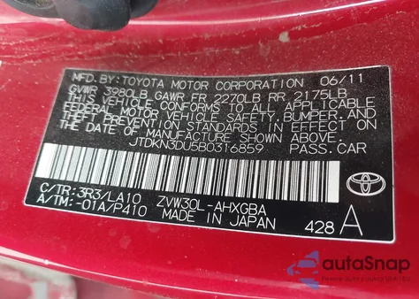 2011 Toyota Prius z USA, uszkodzony, nr VIN JTDKN3DU5B0316859